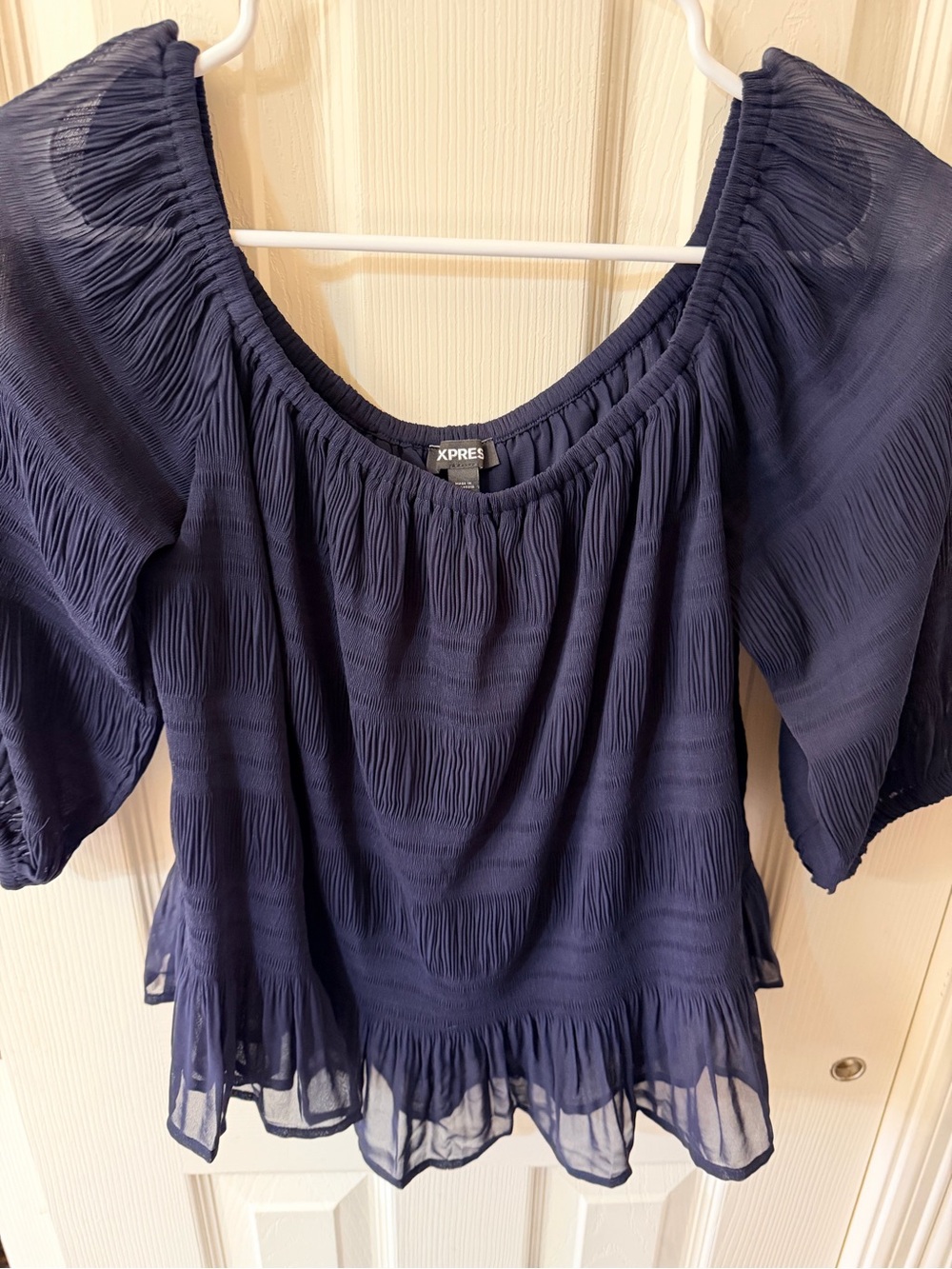 Express Navy Crinkle Peasant Top